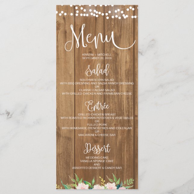 Cartão de Menu Rustic Pink Floral & Wood Wedding (Frente)