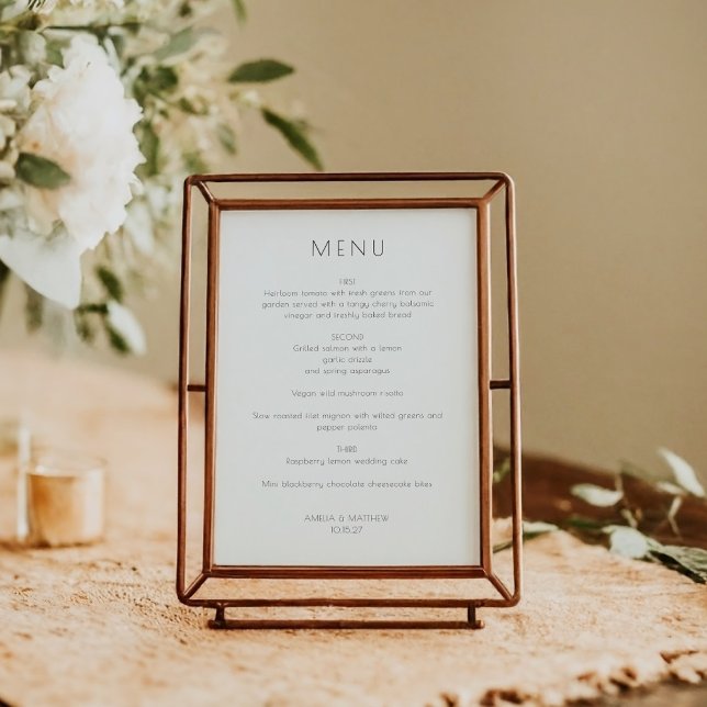 Cartão de Menu Simples de Casamento Branco Moderno (Criador carregado)