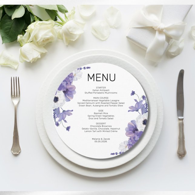 Cartão de Menu Simples De Casamento Floral Roxo (Criador carregado)