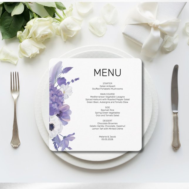 Cartão de Menu Simples De Casamento Floral Roxo (Criador carregado)
