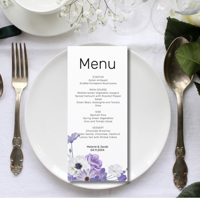 Cartão de Menu Simples De Casamento Floral Roxo (Criador carregado)