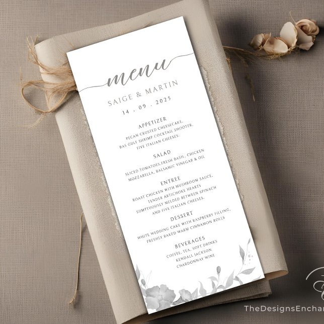 Cartão de Menu Simples Floral Boho (Gray Wedding Dinner Menu Cards, Minimalist Modern Script Wedding Menu by TheDesignsEnchanted)