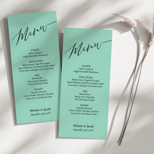 Cartão de Menu Simples Mint Green Minimalist Weddi (Criador carregado)