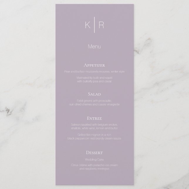 Cartão de Menu Simples Moderno de Casamento Lilac (Frente)