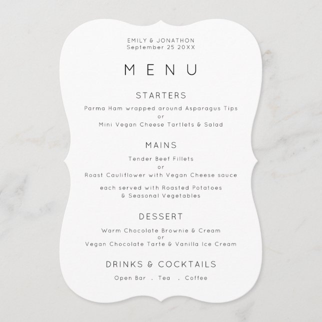 Cartão de Menu Simples Preto Branco ou Qualquer Co (Frente)