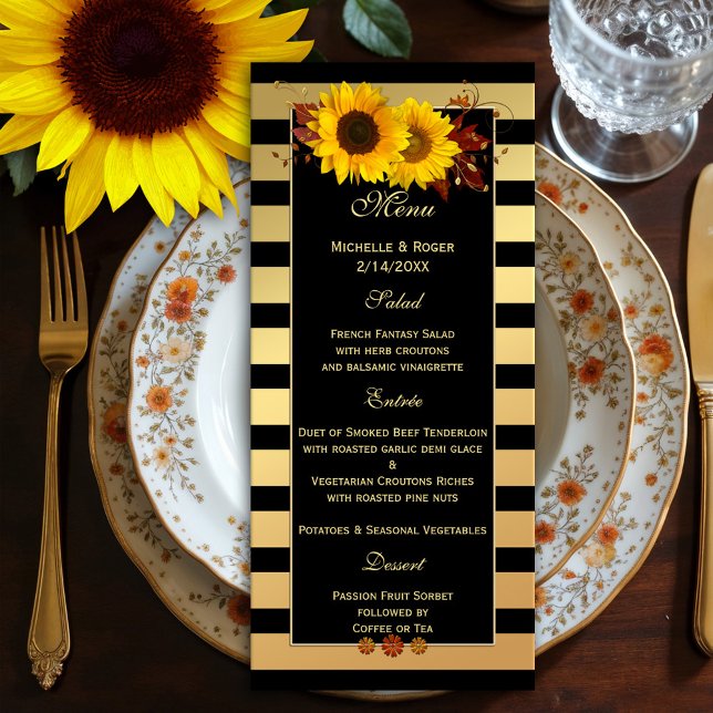 Cartão de Menu Sunflower Dourado Casamento ou Ação (Menu card featuring festive sunflowers with autumn leaves and rose gold floral swirls on chic gold)