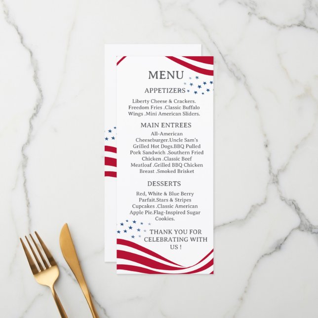 Cartão de Menu Tema Bandeira Americana (Frente/Verso In Situ)