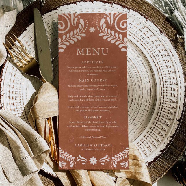 Cartão de Menu Terracota Rústica México (Terracotta Talavera Wedding Menu Card)