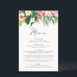 Cartão de Menu Tropical Floral Garland Summer<br><div class="desc">Cartão personalizável de casamento de limão. Apresenta ilustrações a aquarelas de folhas de palma,  folhas de bananas,  hibisco,  plumeria e outras plantas tropicais. Este cardápio tropical é perfeito para casamentos de verão,  chás de fraldas,  chás de panela,  aniversários e muito mais.</div>