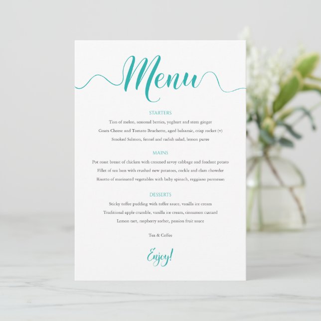 Cartão de Menu Turquesa de Casamento 5"x7" (Em pé/Frente)