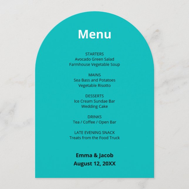 Cartão de Menu Turquesa Moderno para Casamentos (Frente)