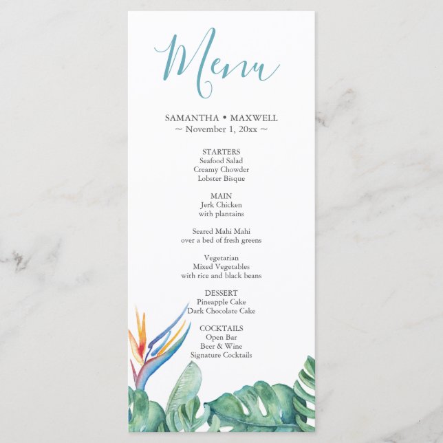 Cartão de Menus de Casamento de Tema Floral Tropic (Frente)