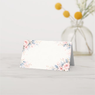 CARTÃO DE MESA 水彩フラワー 結婚式 席札 二つ折りプレイスカード ダスティブルー＆くすみピンク 花柄