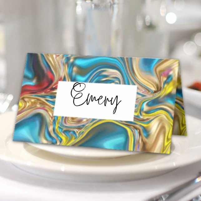 Cartão De Mesa abstrato marble espirra azul-azul-turquesa-lacrime (
abstract marble swirls yellow teal turquoise blue place card)