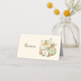 Cartão De Mesa Ação de Graças Pumpkins Verde Marrom Dourado