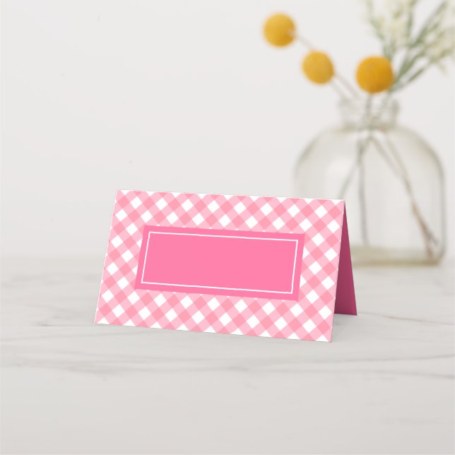 Cartão De Mesa Adicione Seu Texto Padrão De Gingham Rosa Bebê (Frente)
