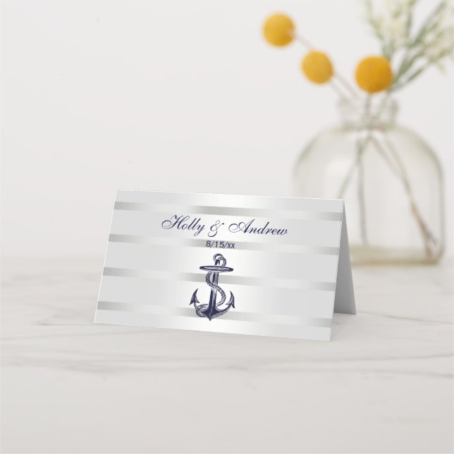Cartão De Mesa Âncora Azul Naval Prata Branco (Frente)