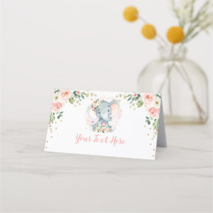 Cartão De Mesa Aniversário da Bebê Elefante Floral Dourada Blush