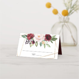 Cartão De Mesa Aquarela Bege Borgonha Floral Dourado Geométrico