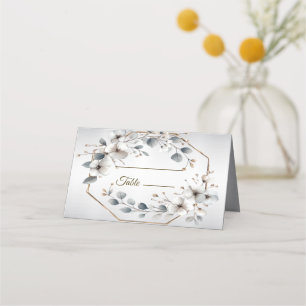 Cartão De Mesa Aquarela Flores Brancas Moldura Dourada Folhas de