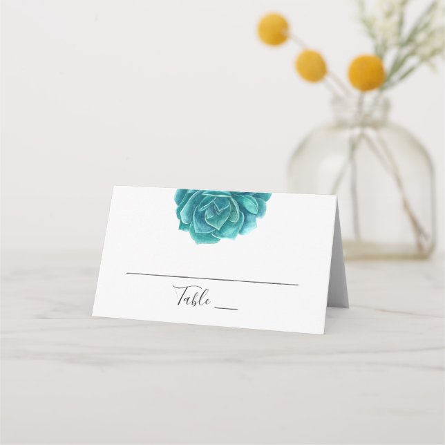 Cartão De Mesa Aquarela suculenta. Casamento teal. Botânica (Frente)