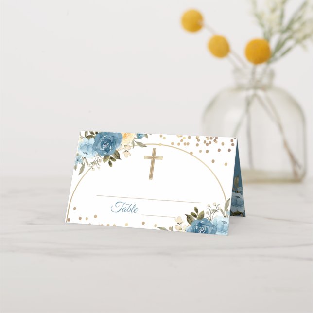 Cartão De Mesa Arch Dourado Dusky Blue Floral Primeira Comunhão S (Frente)