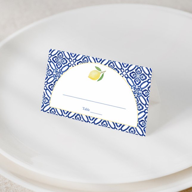 Cartão De Mesa Arch Shape Amalfi Lemon Blue Azulejo Impressão (Modern classic wedding shower place card design featuring an antique azulejo design, arch and lemon)