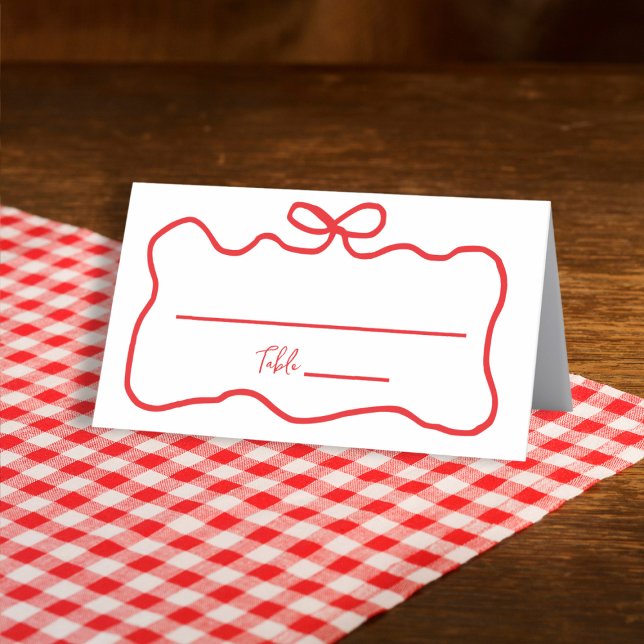 Cartão De Mesa Arco Vermelho Desenhado à Mão Ondulado Chá de Bebê (Bow Red Hand Drawn Wavy Bridal Shower Place Card)