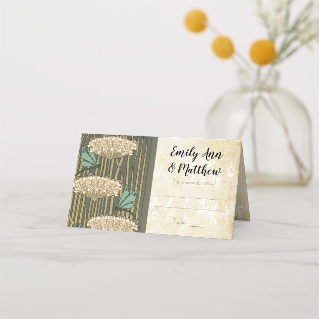 Cartão De Mesa Art Nouveau Dragonfly Lily Pad Wedding (Verso)