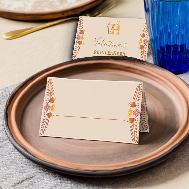 Cartão De Mesa Arte Bonito Floral Mexicana Personalizada (Place cards with monogram and personalization on the back from my Mexical Floral collection)