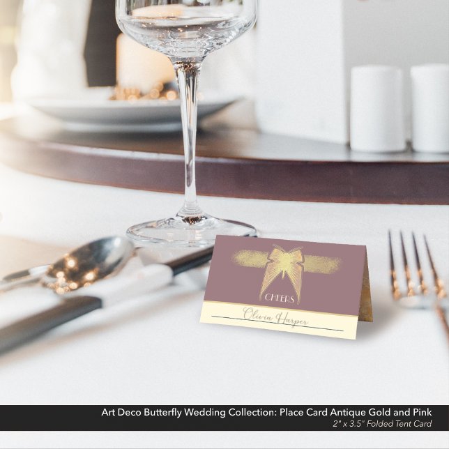 Cartão De Mesa Arte Deco Borboleta Antiguamente Dourada Tente Ros (Art Deco Butterfly Wedding Place Card Antique Gold and Dusty Pink/Mauve with Marble Details.)