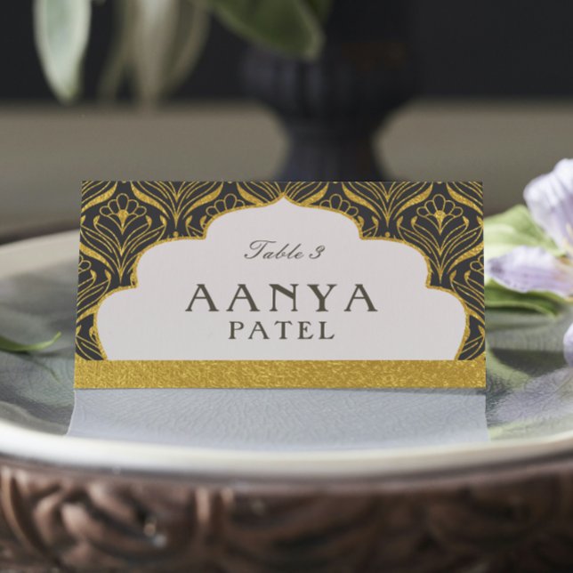 Cartão De Mesa Arte Deco Dourado Arch Mundap Arch Casamento Nome  (indian wedding place cards, hindu wedding escort cards, gold foil art deco floral mundap canopy arch)