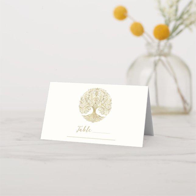 Cartão De Mesa Árvore da Vida Creme e Ouro Mesa de Casamento Célt (Frente)