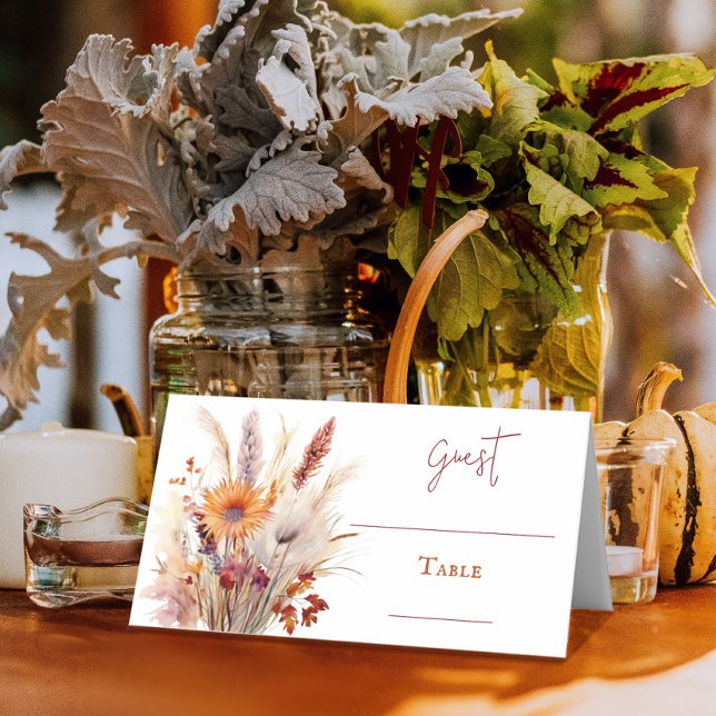 Cartão De Mesa Autumn Boho Floral Wedding | Branco (Autumn Boho Floral White Wedding Table Place Card)