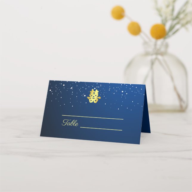 Cartão De Mesa Azul, casamento chinês estrelado, dupla felicidade (Frente)