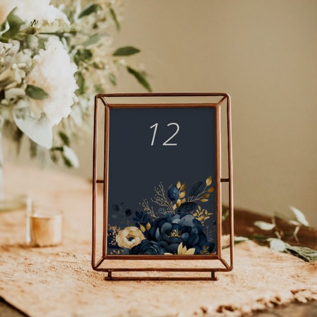 Cartão de Mesa Azul Dourado Luxe Floral de Casamen (Criador carregado)