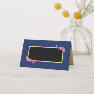 Cartão De Mesa Azul elegante e chic com flores de aquarela