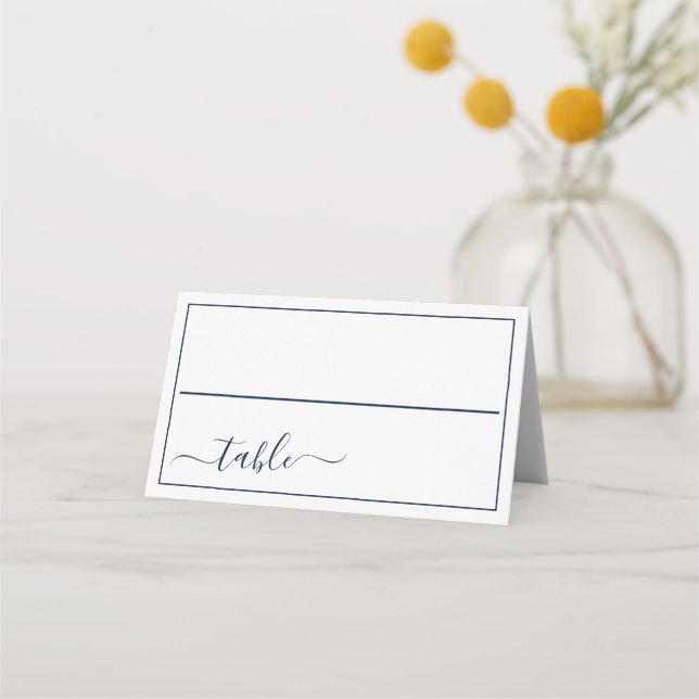 Cartão De Mesa Azul Marinho Branco Caligrafia Script Casamento El (Frente)