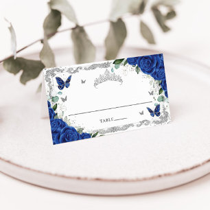 Cartão De Mesa Azul Real Floral Borboletas Quinceañera Sweet 16
