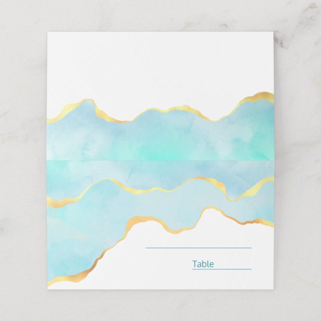 Cartão De Mesa Azul Tropical Tranquila Verde com Borda Dourada (Exterior/Desdobrado)