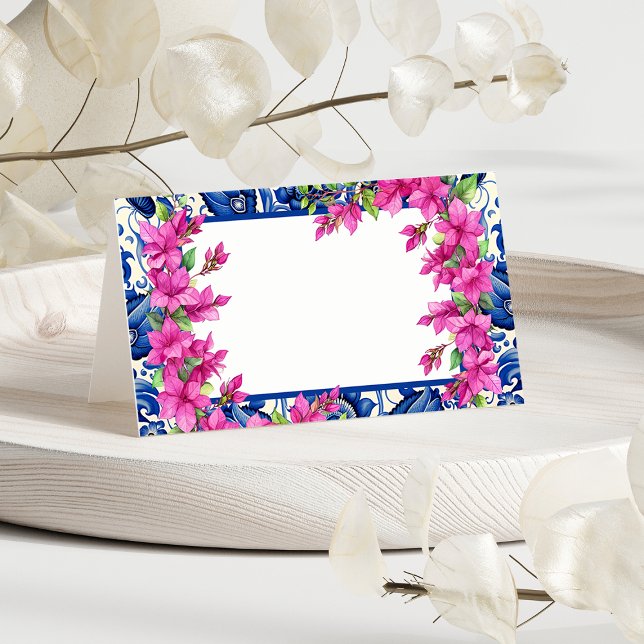 Cartão De Mesa Azulejo Azul Buganvília Rosa (Pink Bougainvillea Blue Tile Place Card)