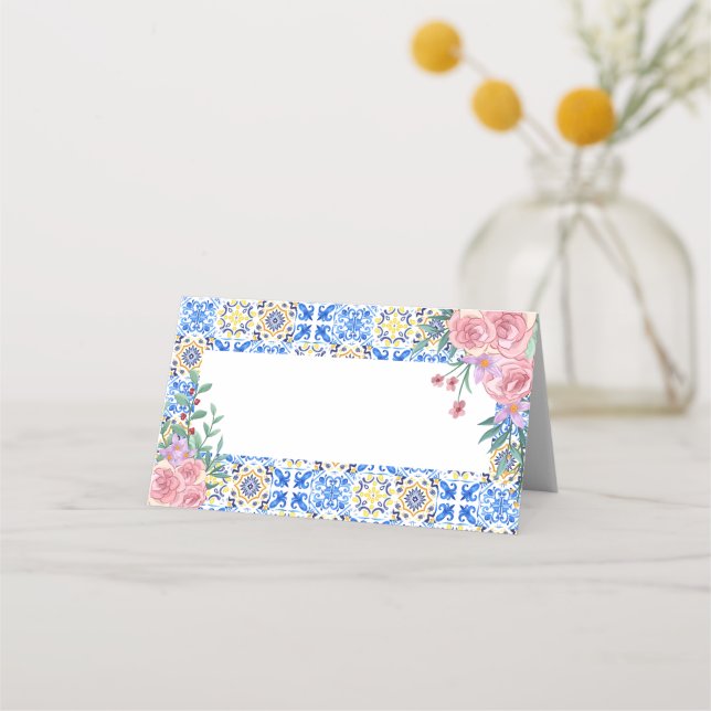 Cartão De Mesa Azulejo azul italiano Mamma Mia Vazio (Frente)