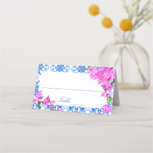 Cartão De Mesa Azulejos Azuis Bougainvillea tema Mediterrâneo