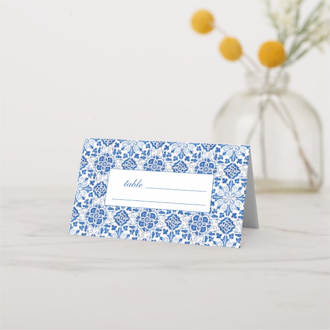 Cartão De Mesa Azulejos Portugueses Casamento Floral Azul (Frente)