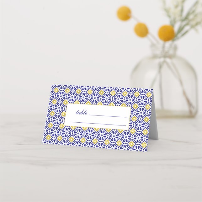 Cartão De Mesa Azulejos Portugueses Casamento Floral Azul (Frente)
