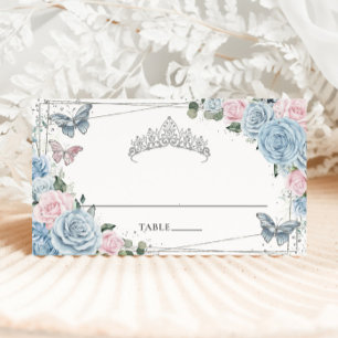 Cartão De Mesa Baby Blue Soft Rosa Floral Borboletas Quinceañera