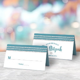 Cartão De Mesa Bar Mitzvah Azul Turquesa Tallit Prata Moderno Neg