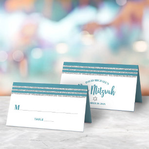 Cartão De Mesa Bar Mitzvah Azul Turquesa Tallit Prata Moderno Neg