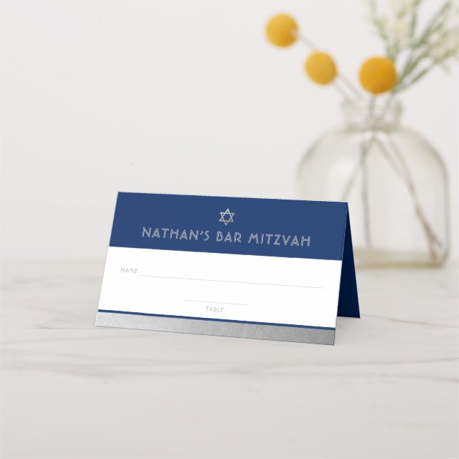 Cartão De Mesa Bar Mitzvah Blue Silver Modern Foled Place Card (Frente)
