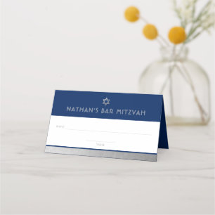 Cartão De Mesa Bar Mitzvah Blue Silver Modern Foled Place Card